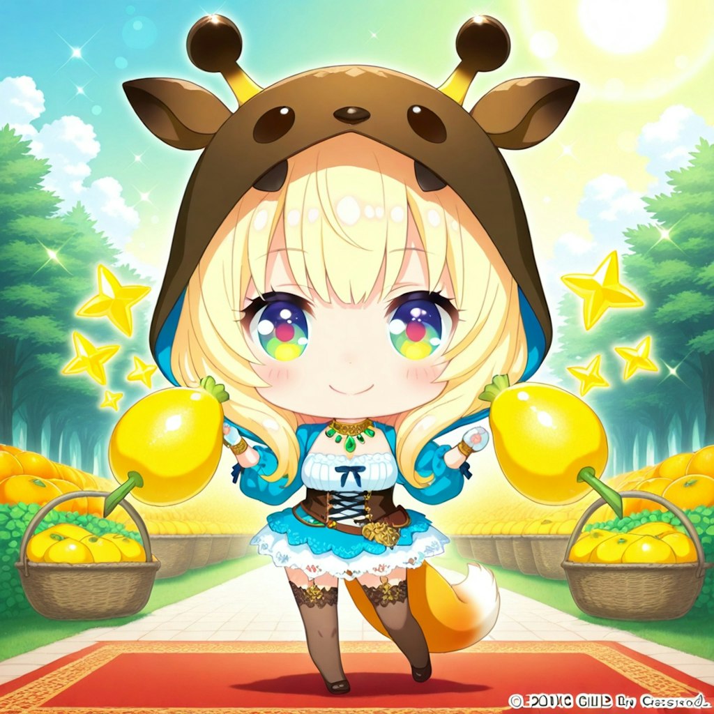 洋梨を収穫するキリンフーディーちび子ちゃん