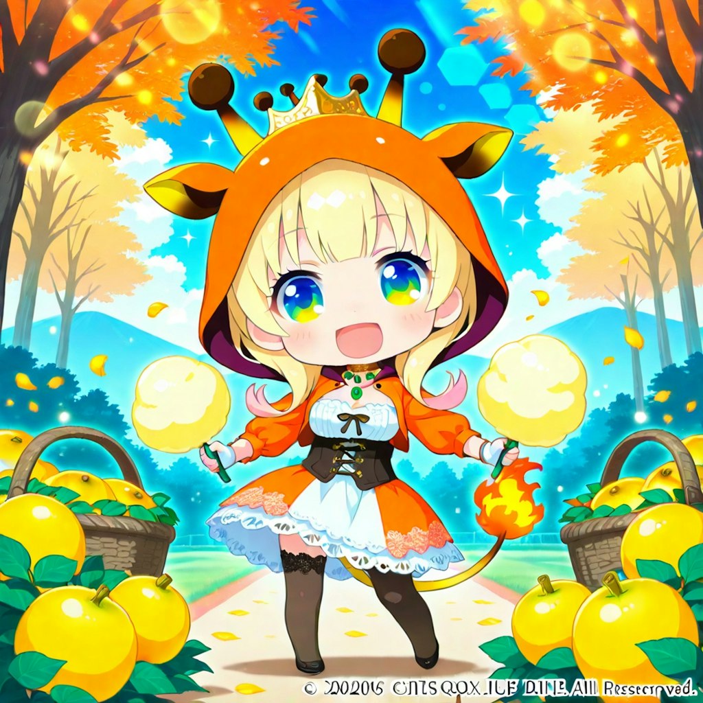 洋梨を収穫するキリンフーディーちび子ちゃん