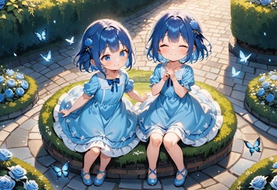 青バラの庭園と青い髪の少女