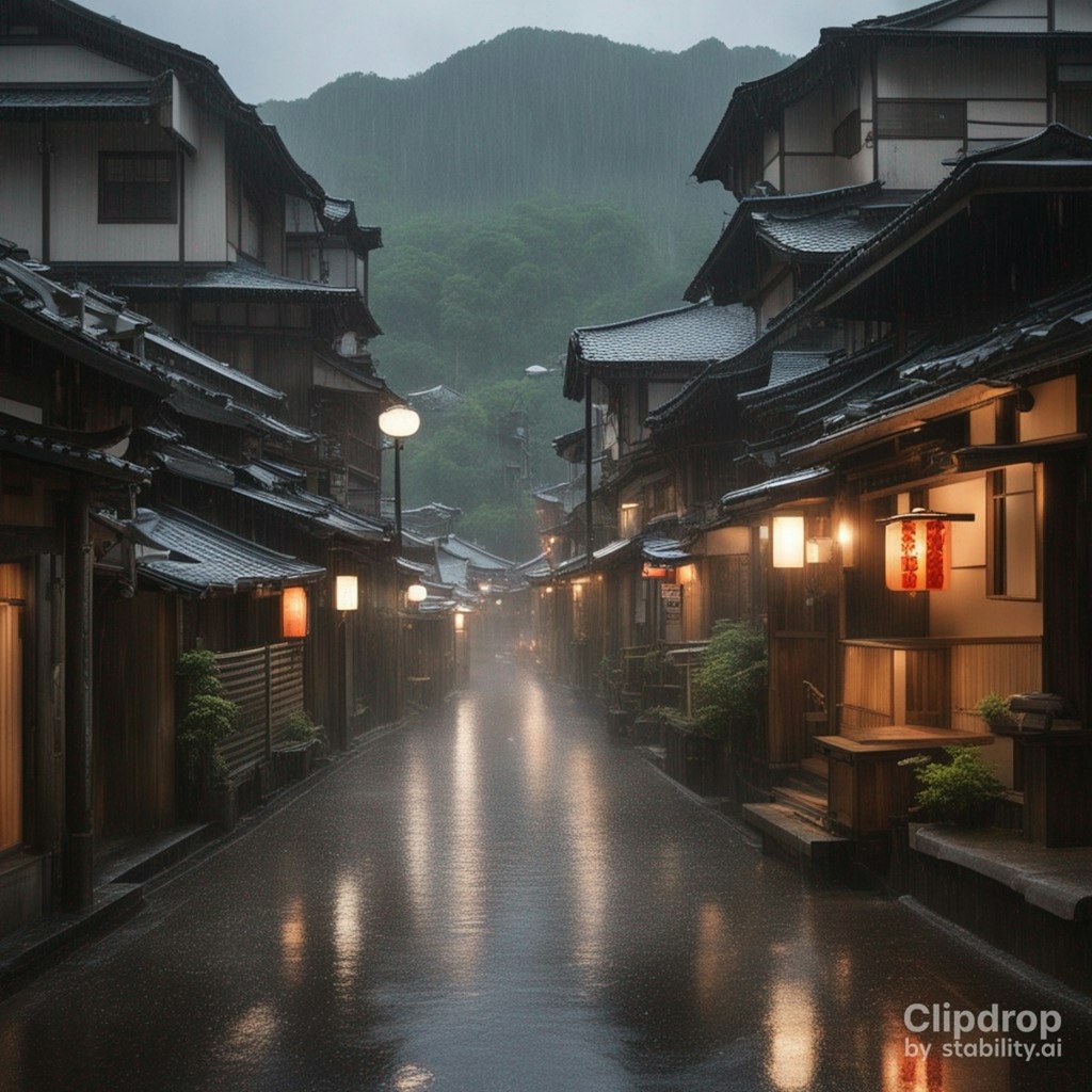 雨の温泉街