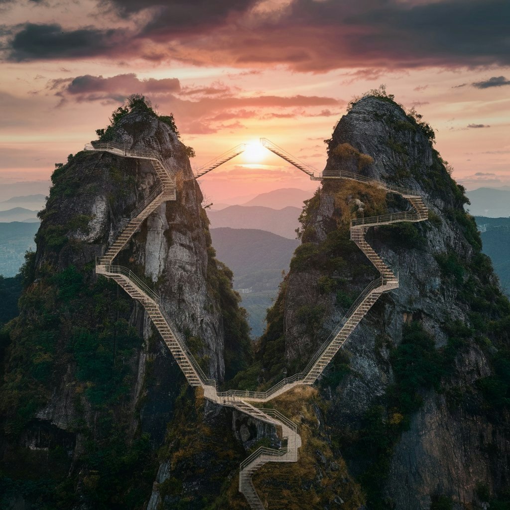 高い山々を繋ぐ道路と階段