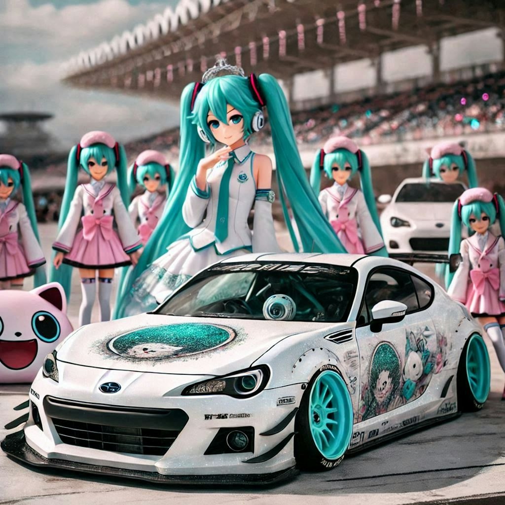 ホワイトカラーのスバルBRZのドリ車と初音ミク