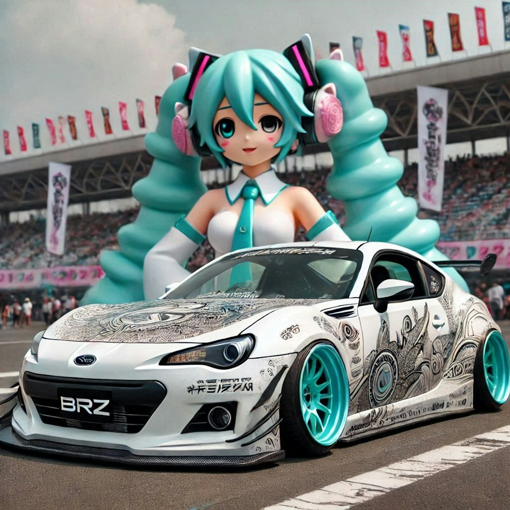 ホワイトカラーのスバルBRZのドリ車と初音ミク