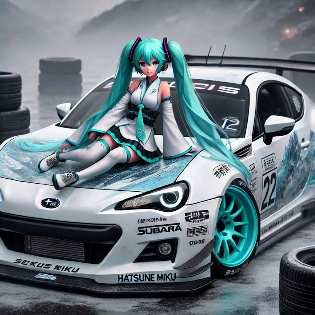 ホワイトカラーのスバルBRZのドリ車と初音ミク