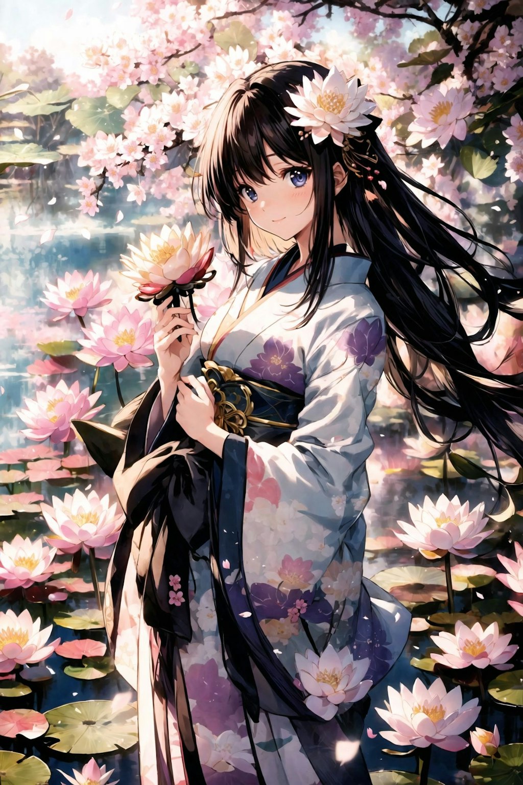 ハスの花と少女（京都）