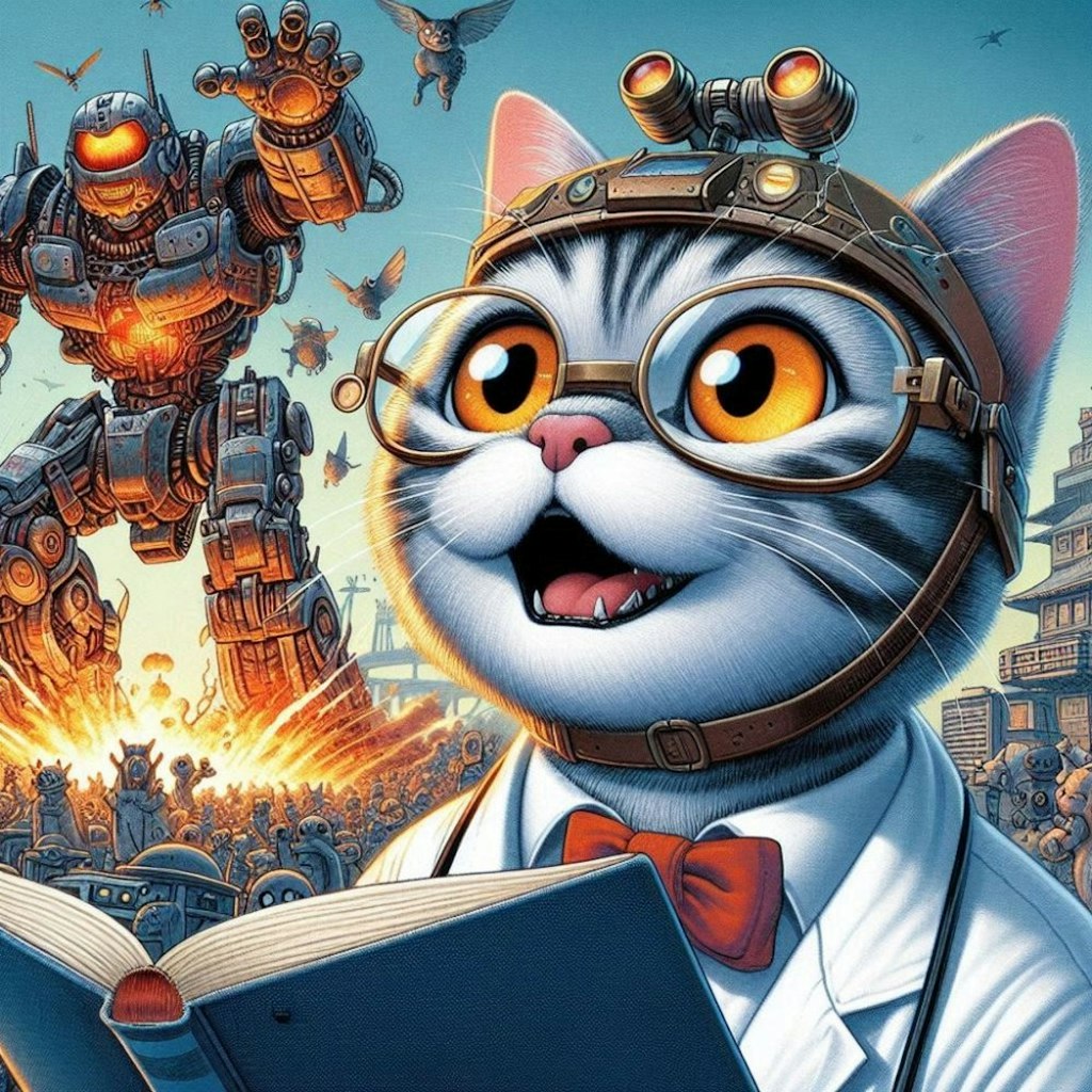 SF風 自分が作った戦闘用巨大ロボが暴走して町を破壊するのを観て、首を傾げる科学者猫