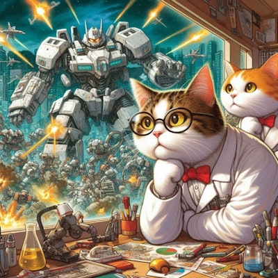SF風 自分が作った戦闘用巨大ロボが暴走して町を破壊するのを観て、首を傾げる科学者猫