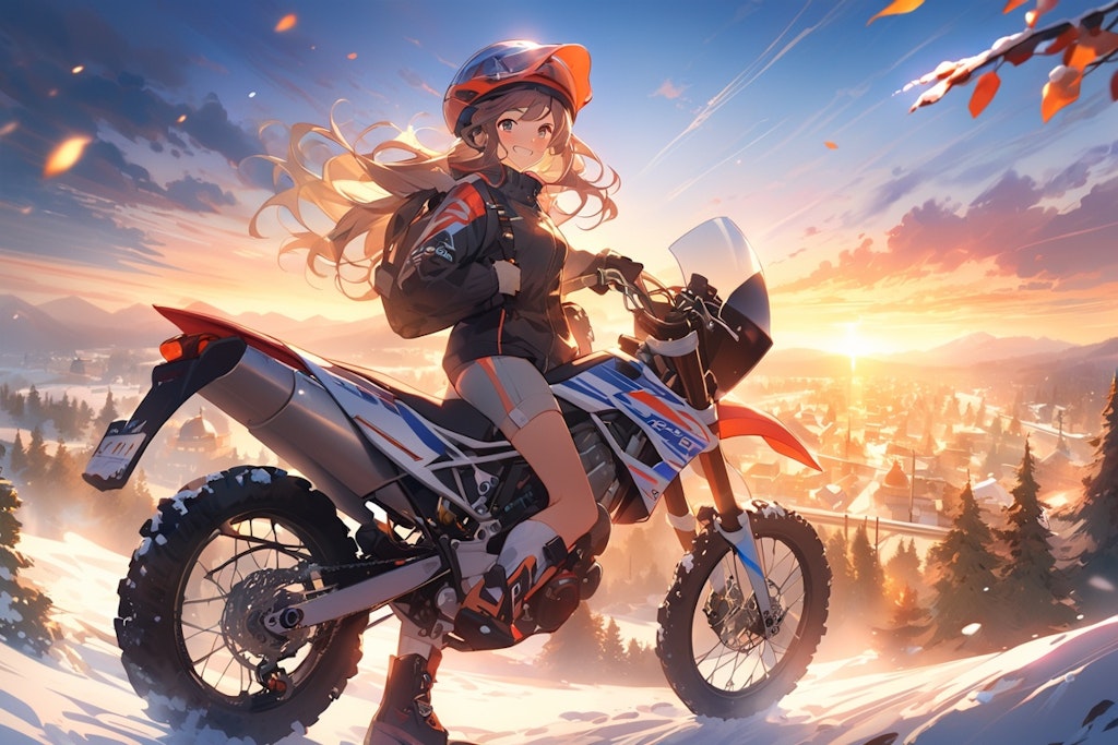 朝焼けとバイクと女の子