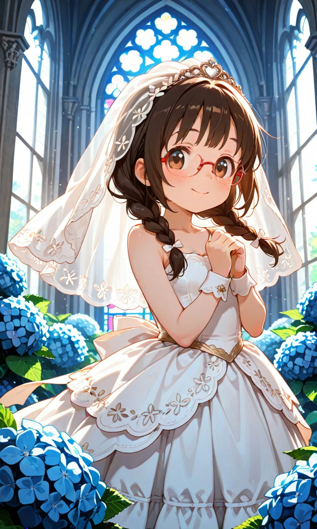 紫陽花と眼鏡三つ編み姉妹の花嫁