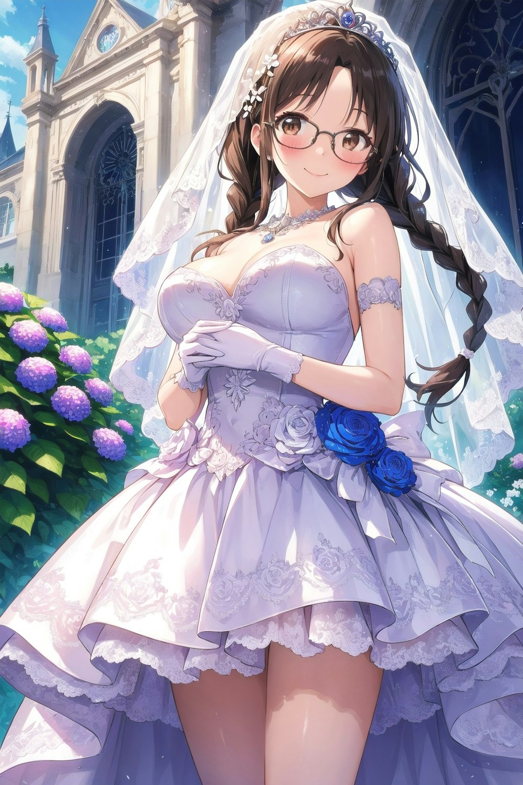 紫陽花と眼鏡三つ編み姉妹の花嫁