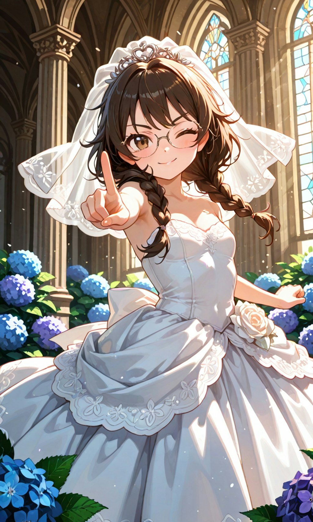 紫陽花と眼鏡三つ編み姉妹の花嫁