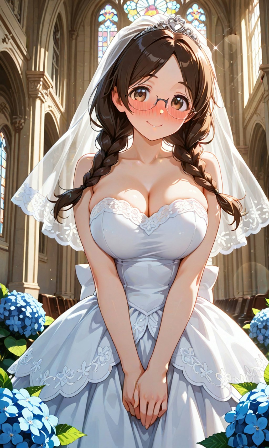 紫陽花と眼鏡三つ編み姉妹の花嫁