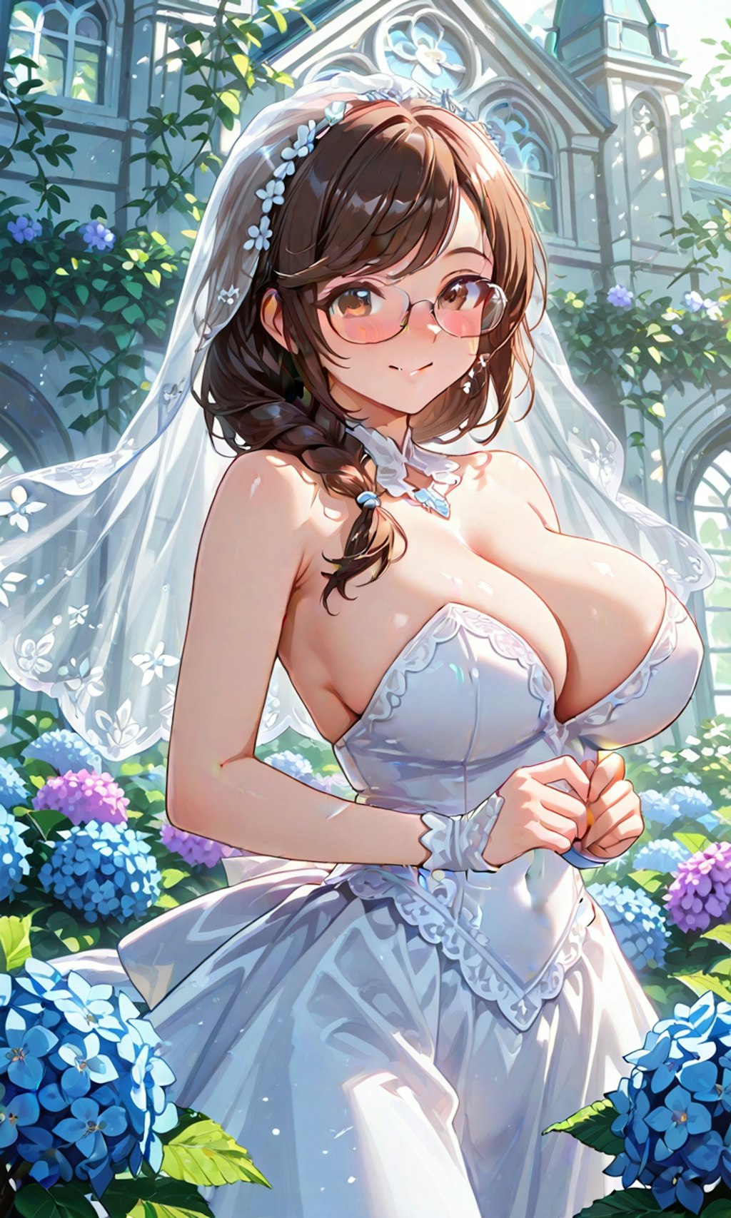 紫陽花と眼鏡三つ編み姉妹の花嫁
