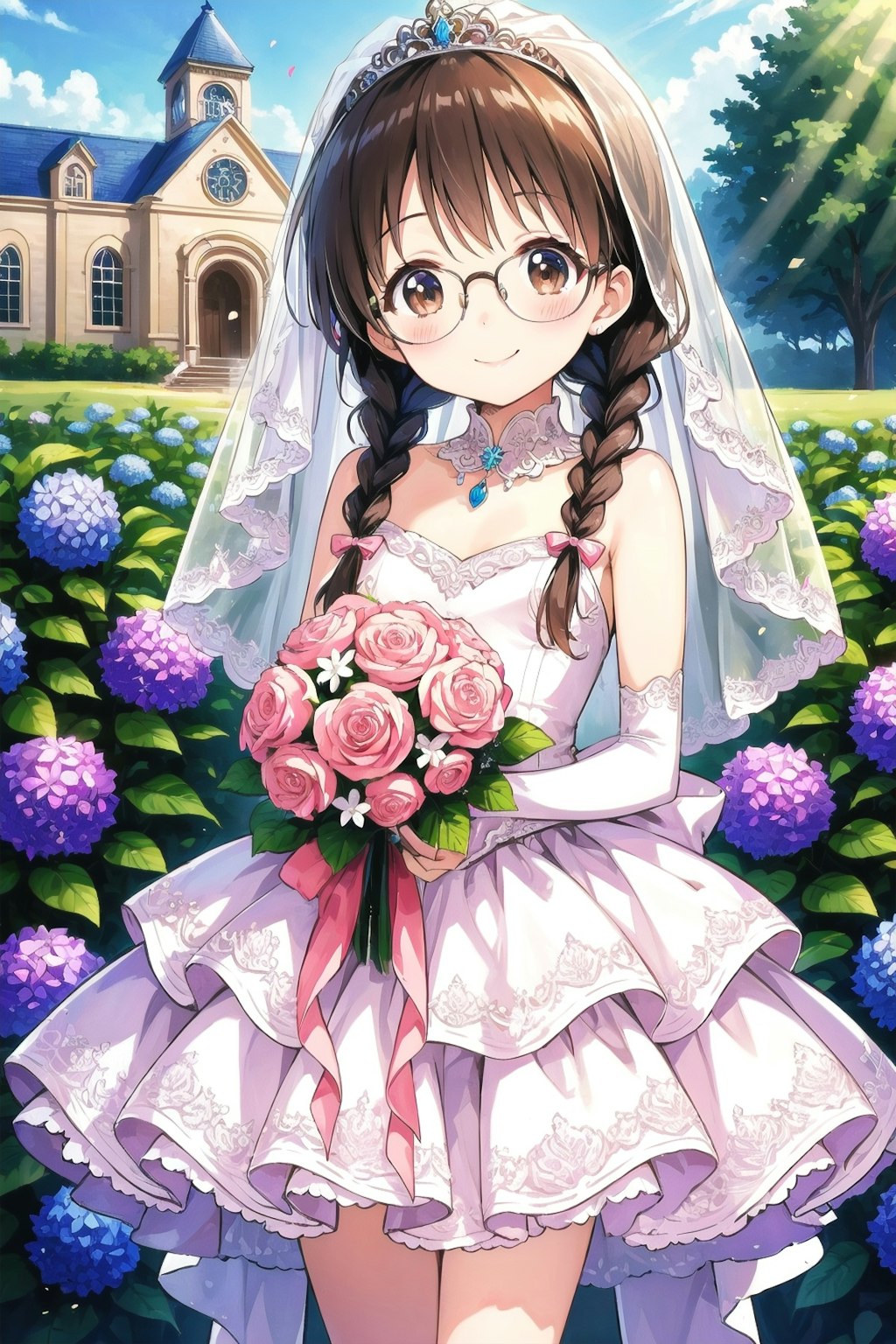紫陽花と眼鏡三つ編み姉妹の花嫁