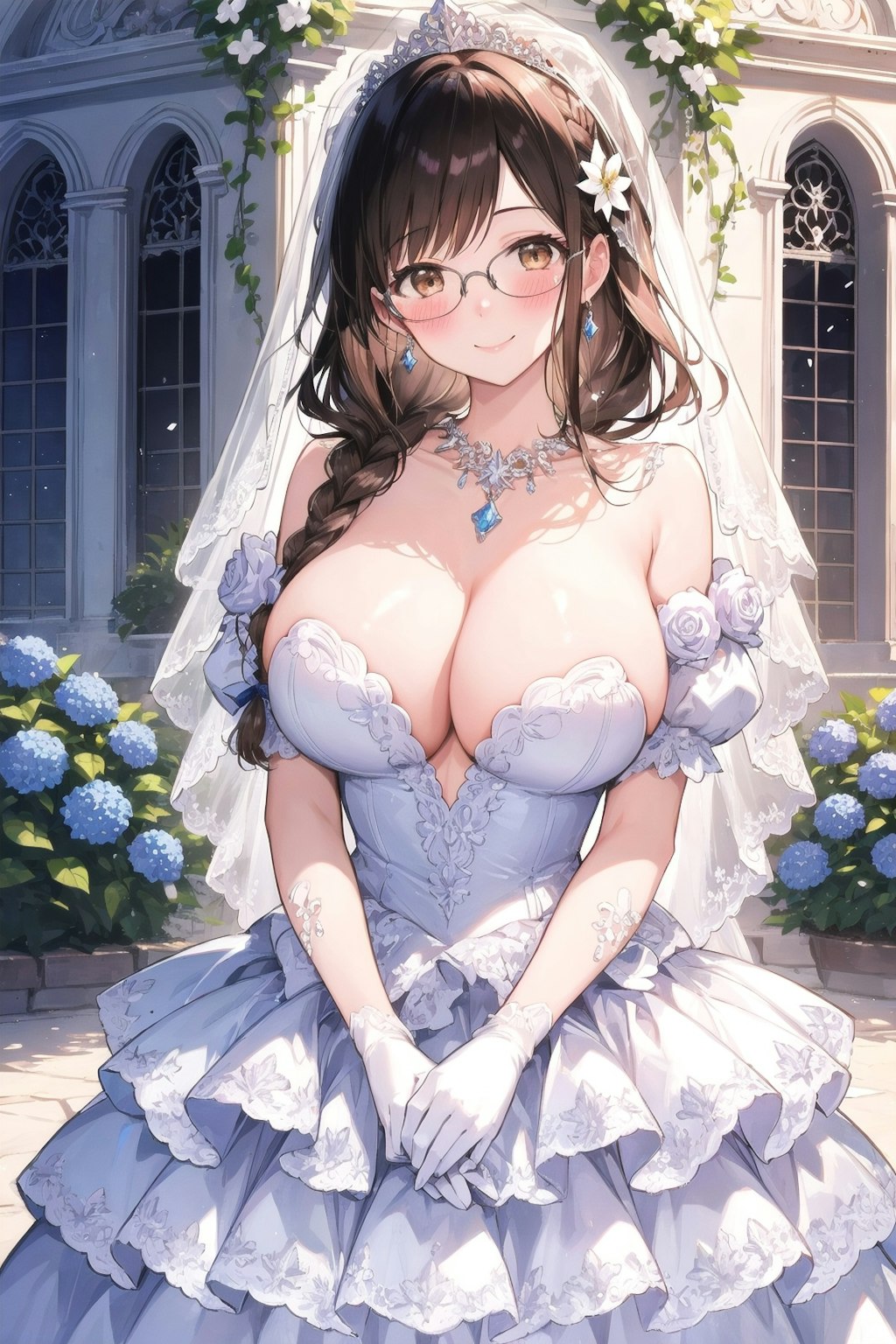 紫陽花と眼鏡三つ編み姉妹の花嫁