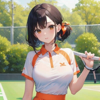 オレンジのテニスウェア、ボックスプリーツ