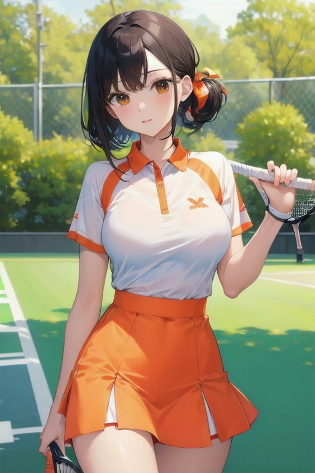 オレンジのテニスウェア、ボックスプリーツ