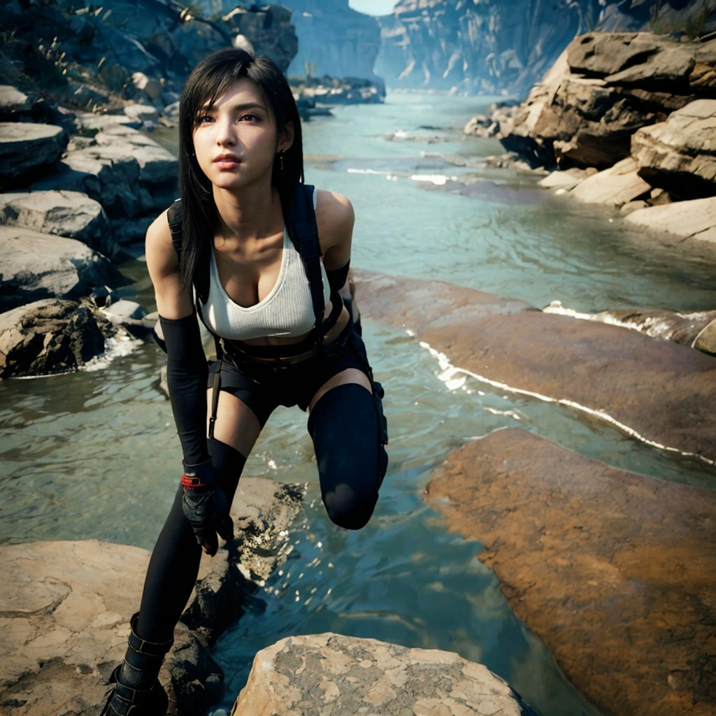 セクシーで魅惑的なFF7のティファのコスチュームを身にまとったコスプレイヤーのアートイラスト