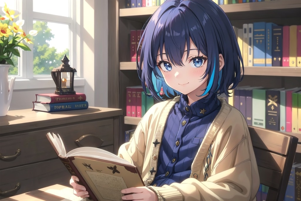 A long-haired boy studying while reading a book in the study