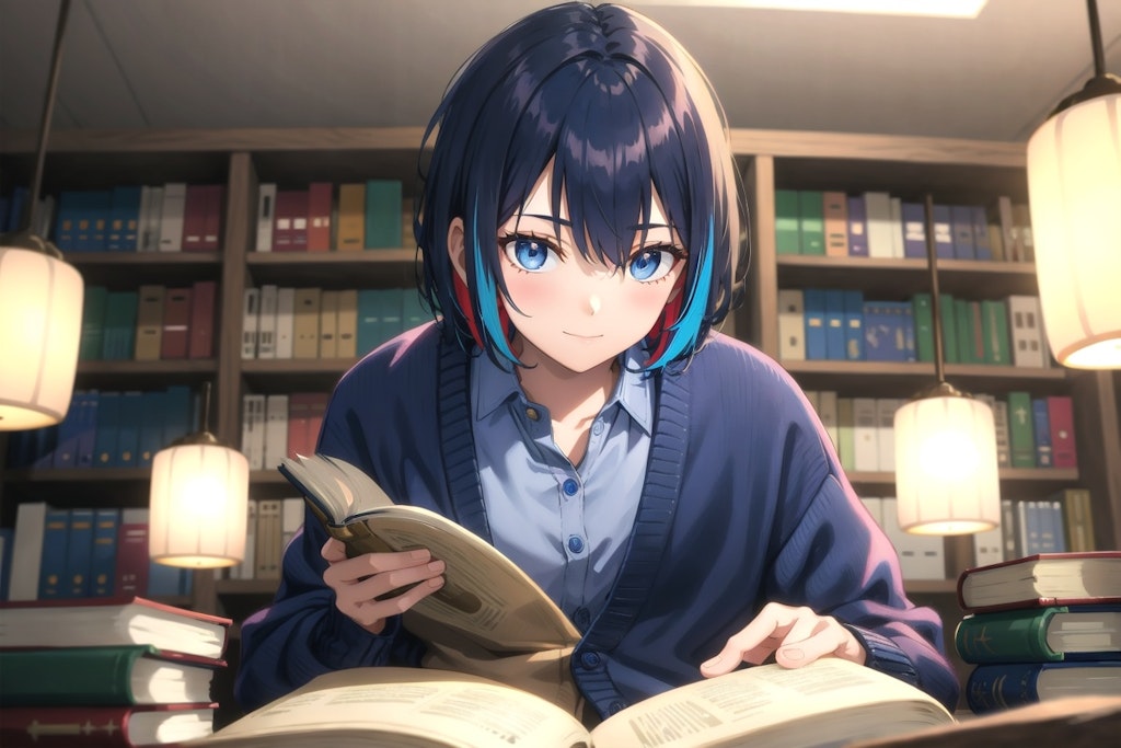 A long-haired boy studying while reading a book in the study