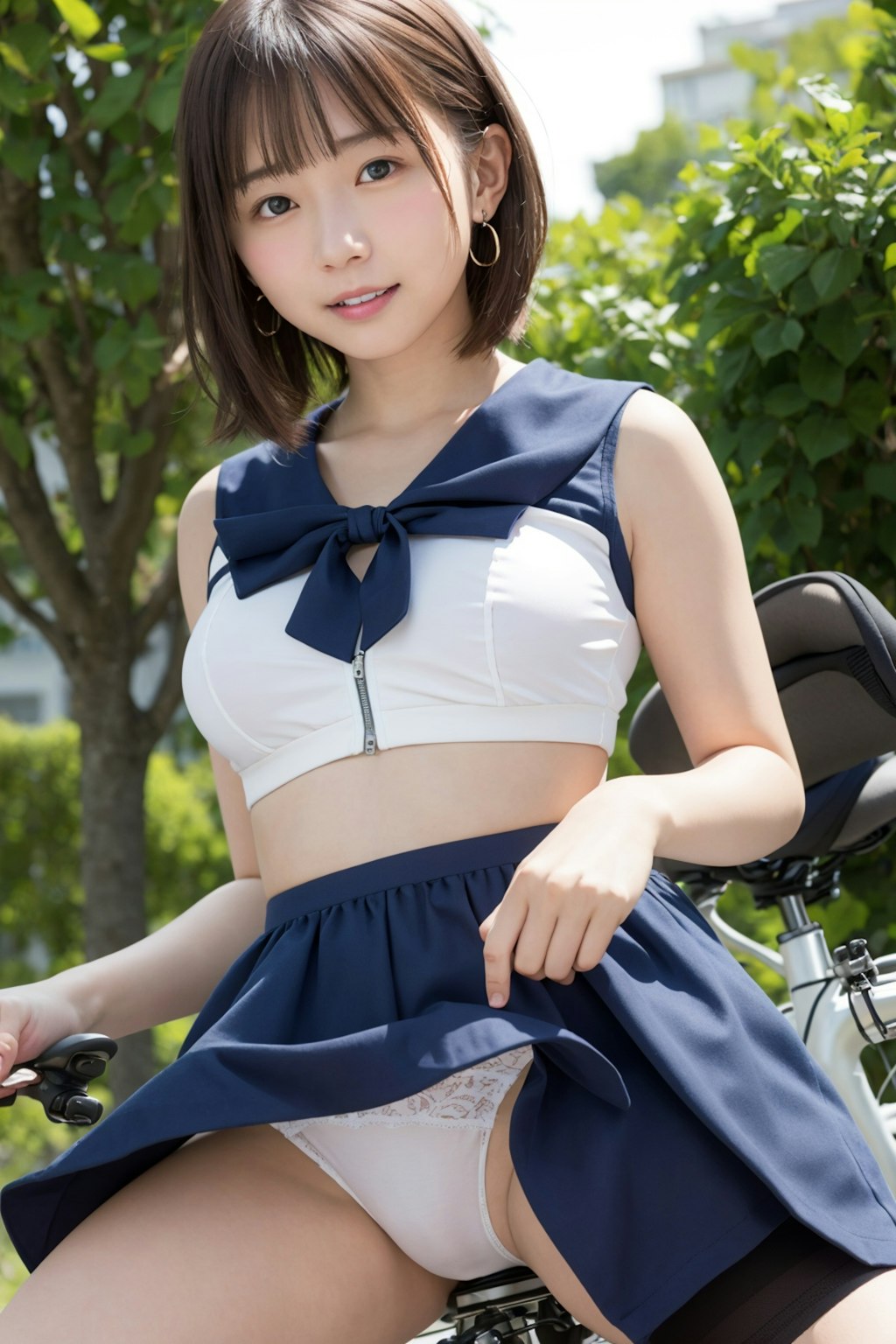 自転車のサドルに跨る女性 vol.10 セーラー服 / ミディアムヘア