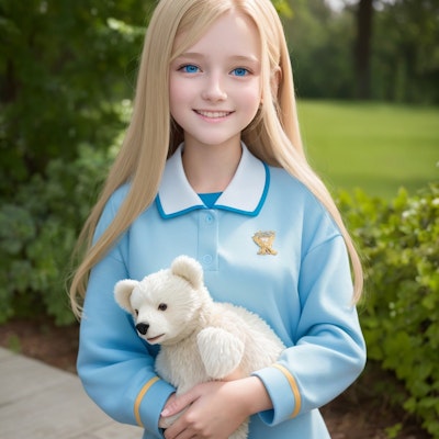 クマの人形を抱いて微笑む少女