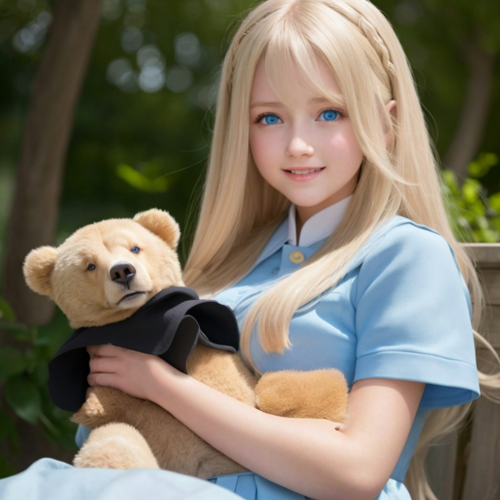 クマの人形を抱いて微笑む少女
