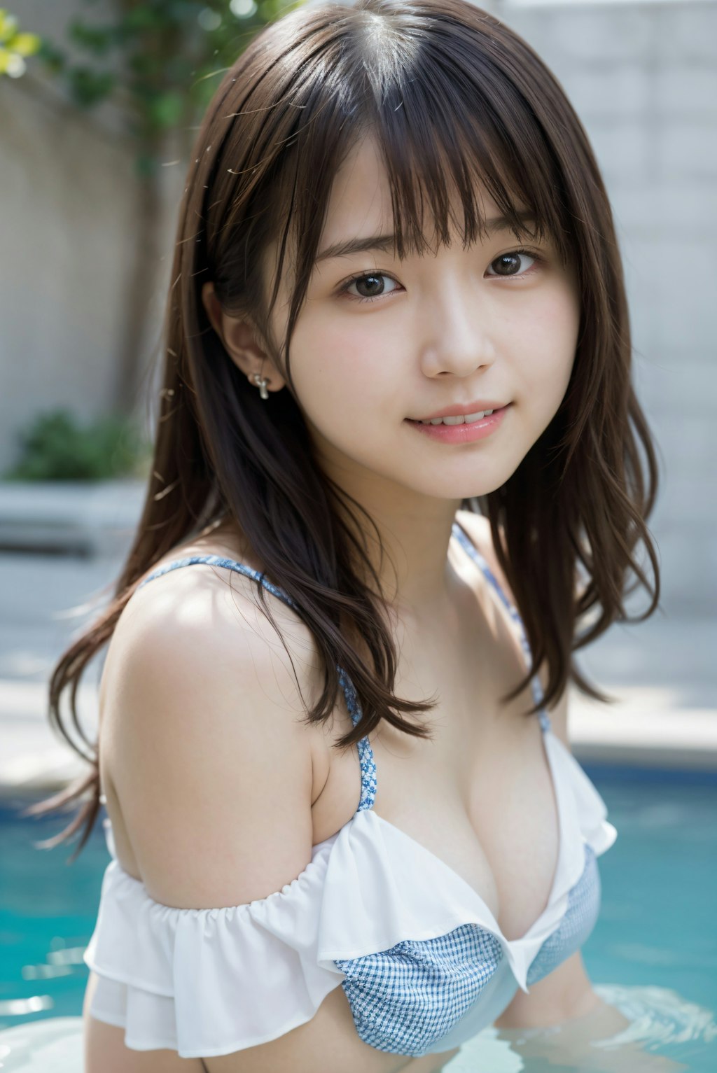 オフショル水着でプール