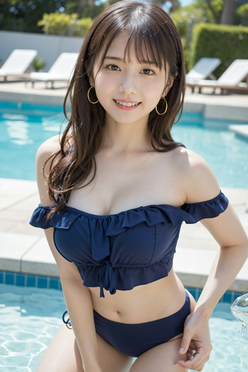 オフショル水着でプール