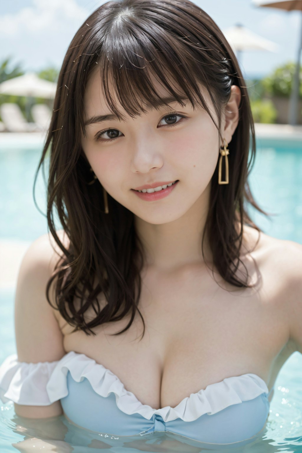 オフショル水着でプール