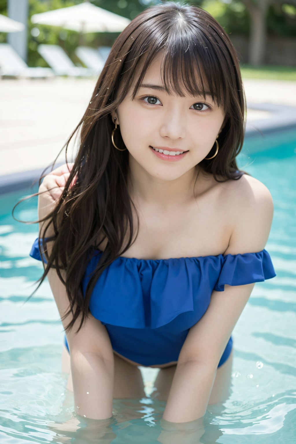 オフショル水着でプール