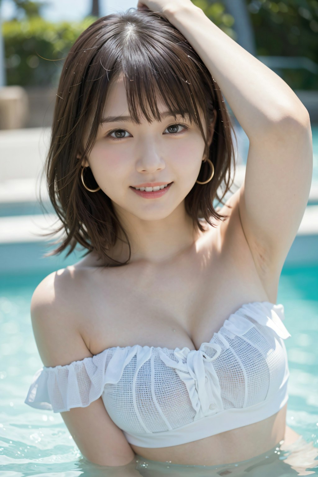 オフショル水着でプール