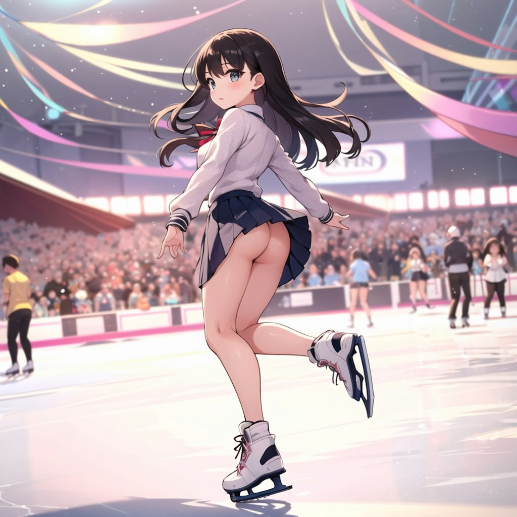 短いスカートでアイススケートをする少女