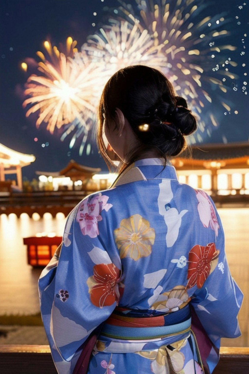 浴衣と花火と女性と