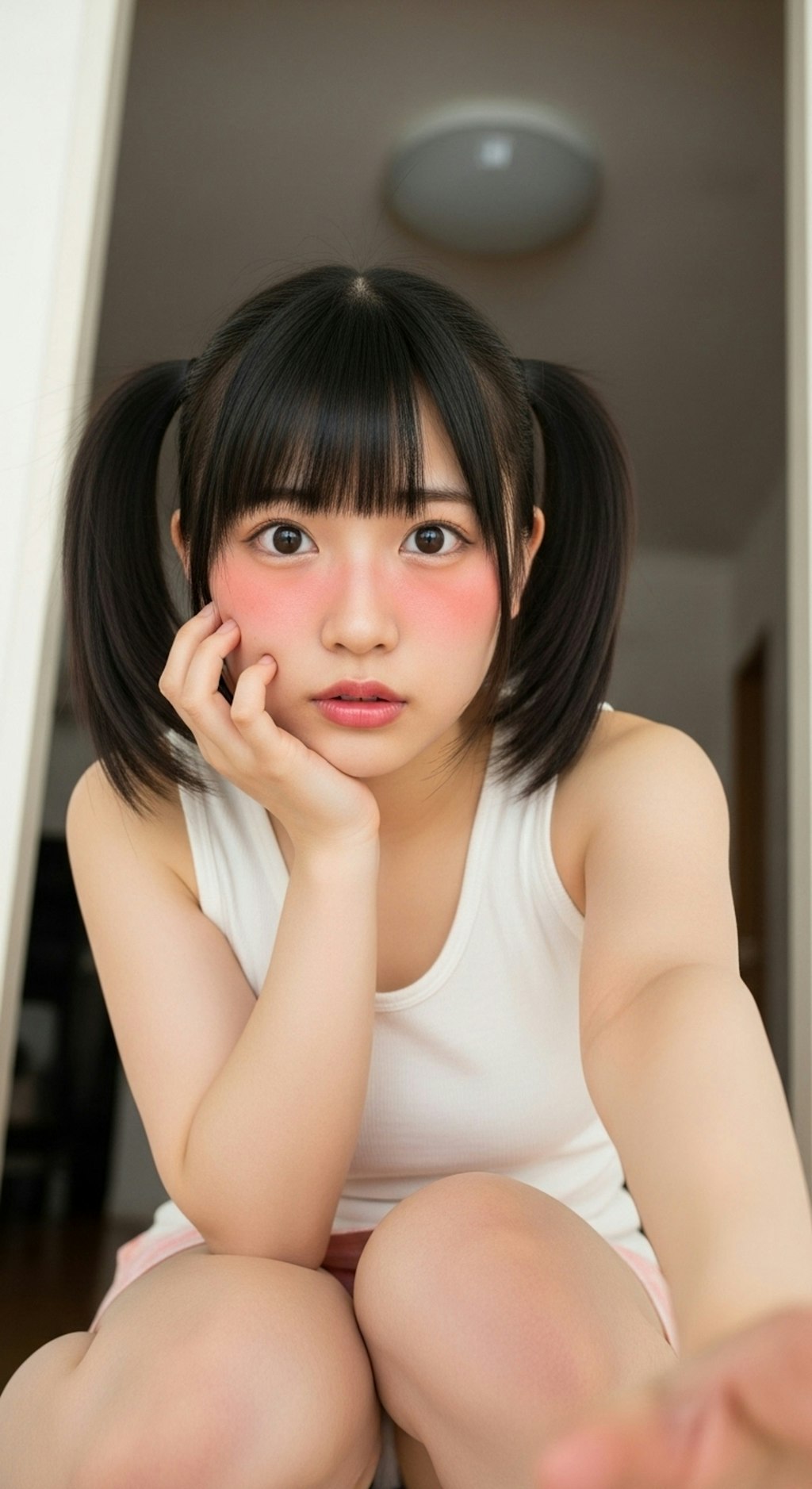 かのじょは てをのばし なにかをつかもうと