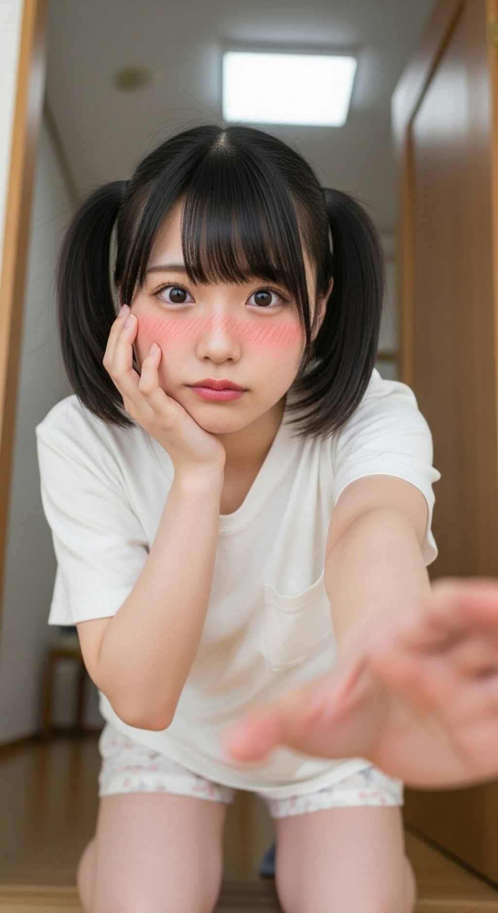 かのじょは てをのばし なにかをつかもうと