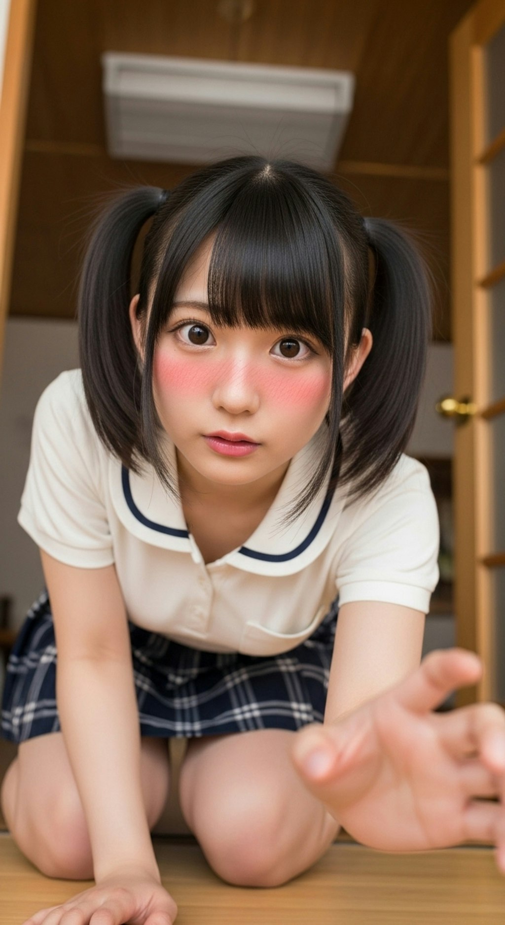 かのじょは てをのばし なにかをつかもうと