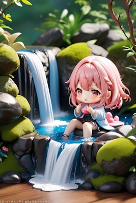 滝と桃色少女