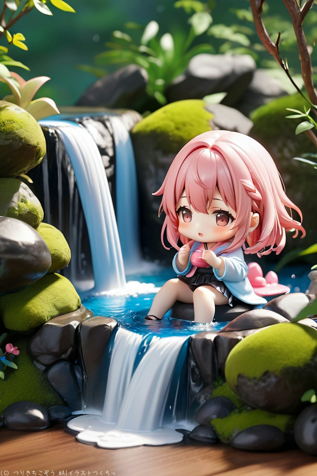 滝と桃色少女