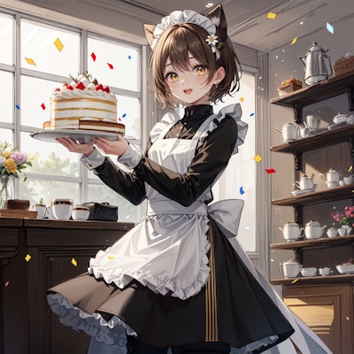 御祝いのホールケーキを運ぶ喫茶店で働く猫娘