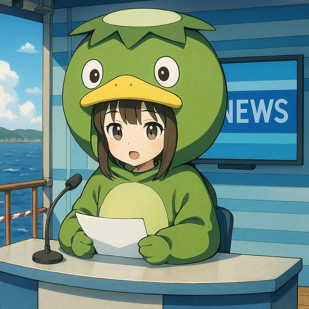 オーバーサイズ河童着包み？でニュースを読む女の子