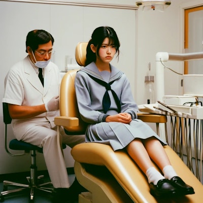 デンタルユニットで不安そうに治療を待つ女子高生と、治療の準備をする歯科医
