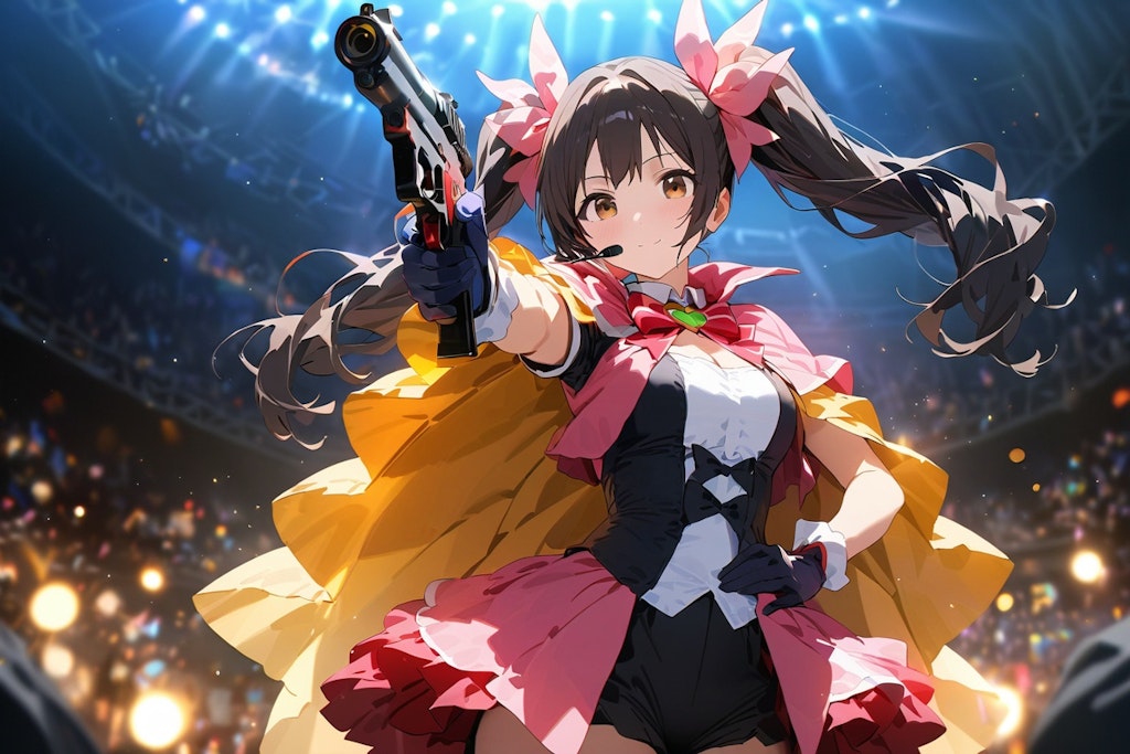 ライブでファン達に銃(水鉄砲)を向けるアイドル