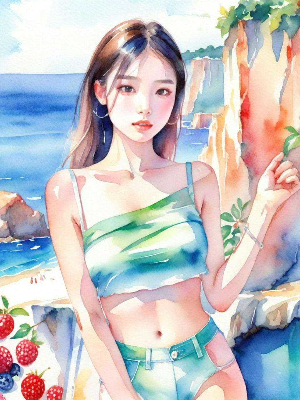 水彩画×水着×海岸