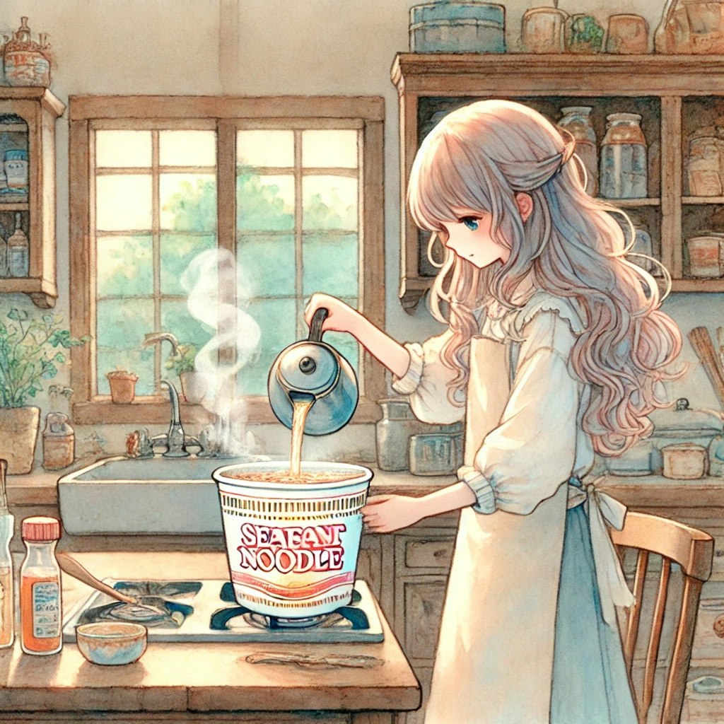 海鮮カップ麺を食べる娘