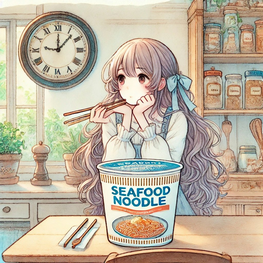 海鮮カップ麺を食べる娘