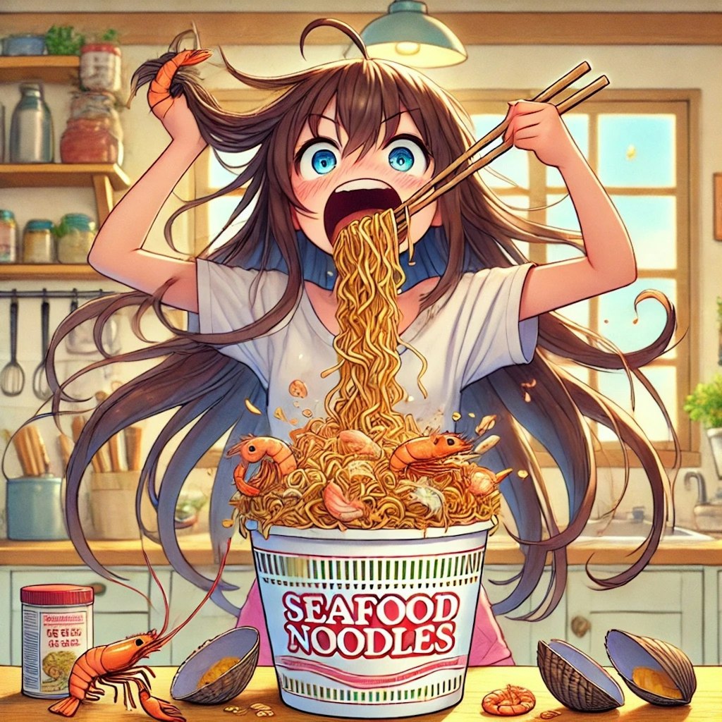 海鮮カップ麺を食べる娘