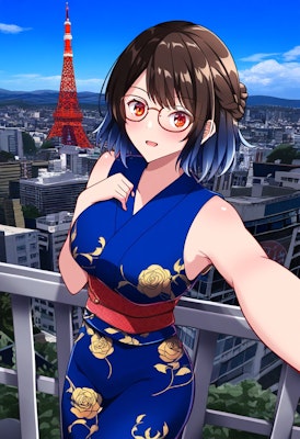 着物で東京タワーと一緒に