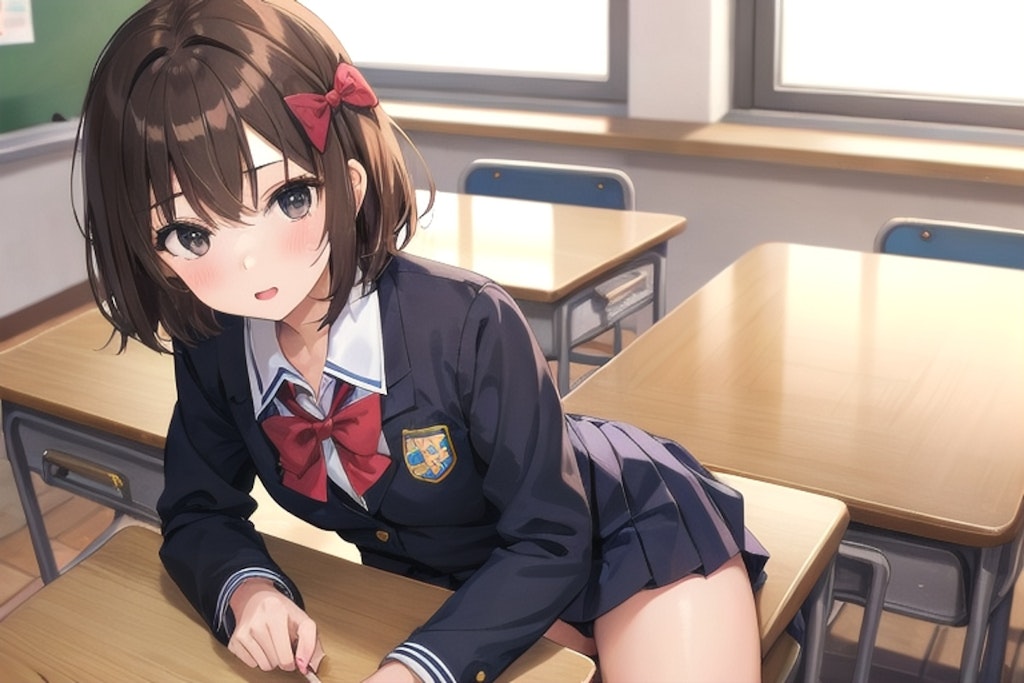 机の角で…