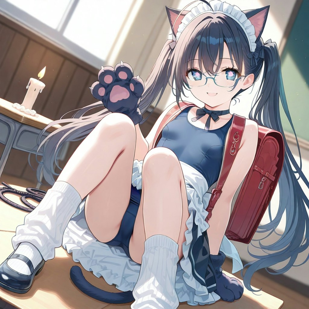 黒髪ツインテール猫耳メガネスク水メイドランドセル猫手袋ルーズソックスアホ毛尻尾付き少女